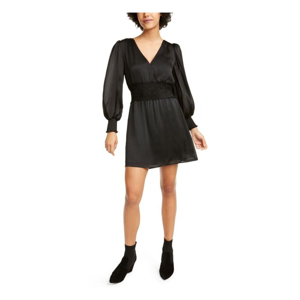 LEYDEN Womens Fit + Flare Short Dress Black Satin Long Sleeve Cocktail Juniors S